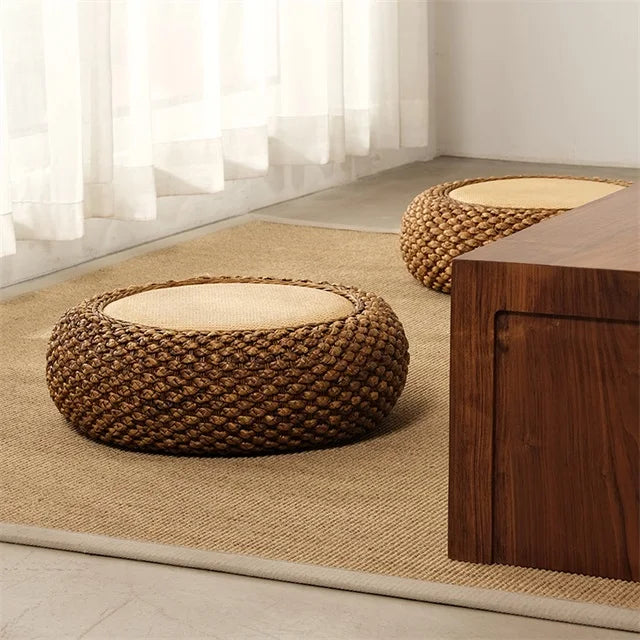 coussin sol rond tissé main paille mousse pu anti décubitus opaque rustique beige brunclair