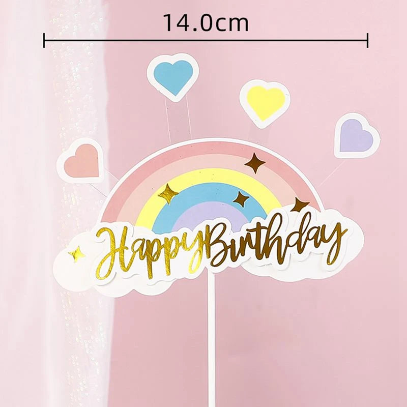 décoration gâteau anniversaire arc ciel étoiles nuages figurines licorne fille étoiles dorées ballons