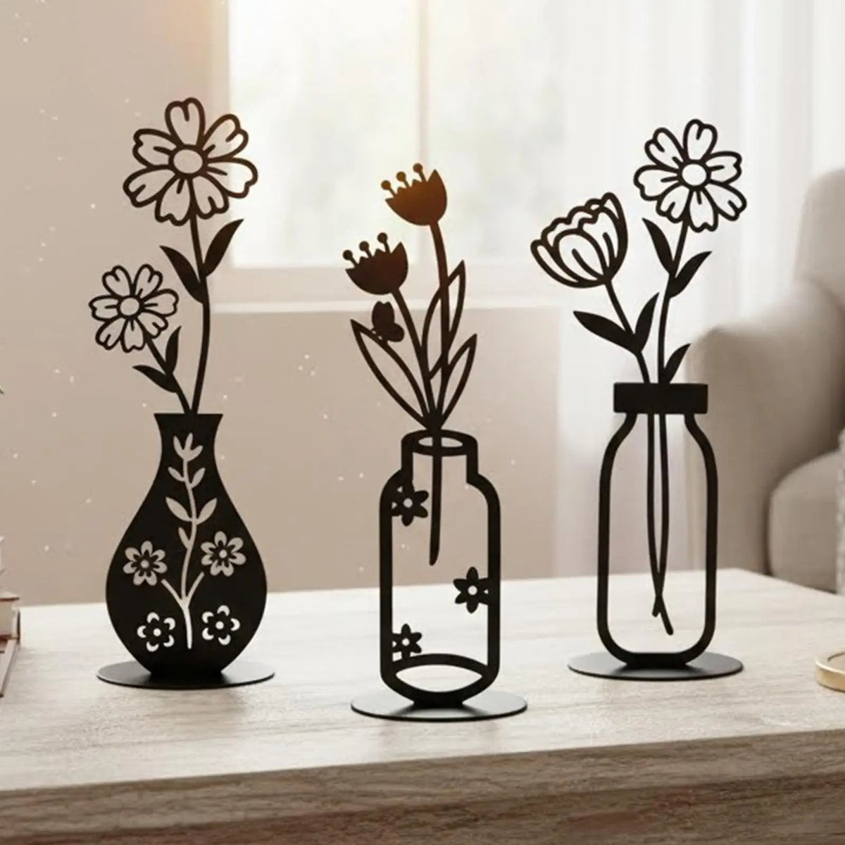vases decoratifs fleurs motif floral moderne decoration murale tulipes marguerites noir marron bleu Jaune