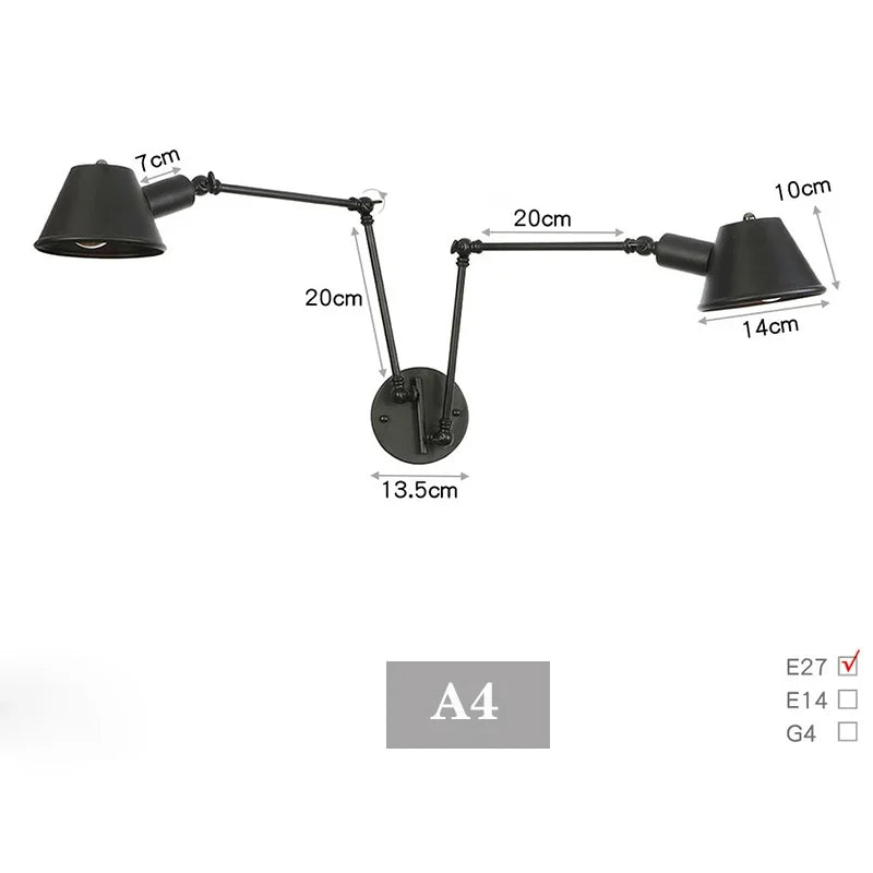 lampe murale articulée industrielle noir fixée éclairage chambre cuisine