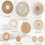 assiettes decoratives boho artisanal tissage main motifs geometriques franges naturel beige