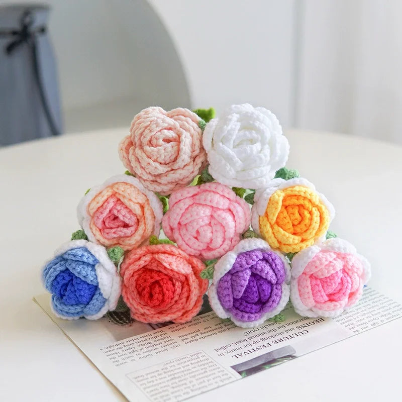 bouquet roses tricotées crochet fleurs artificielles décoration mariage cadeau anniversaire maison intérieur