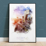 Paysage urbain artistique de Beijing, Chine, représenté par des bâtiments modernes et des éléments graphiques colorés dans un style abstrait.