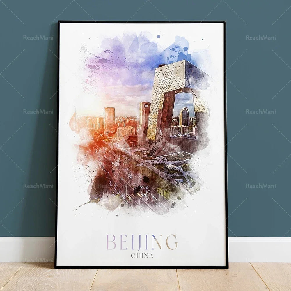 Paysage urbain artistique de Beijing, Chine, représenté par des bâtiments modernes et des éléments graphiques colorés dans un style abstrait.