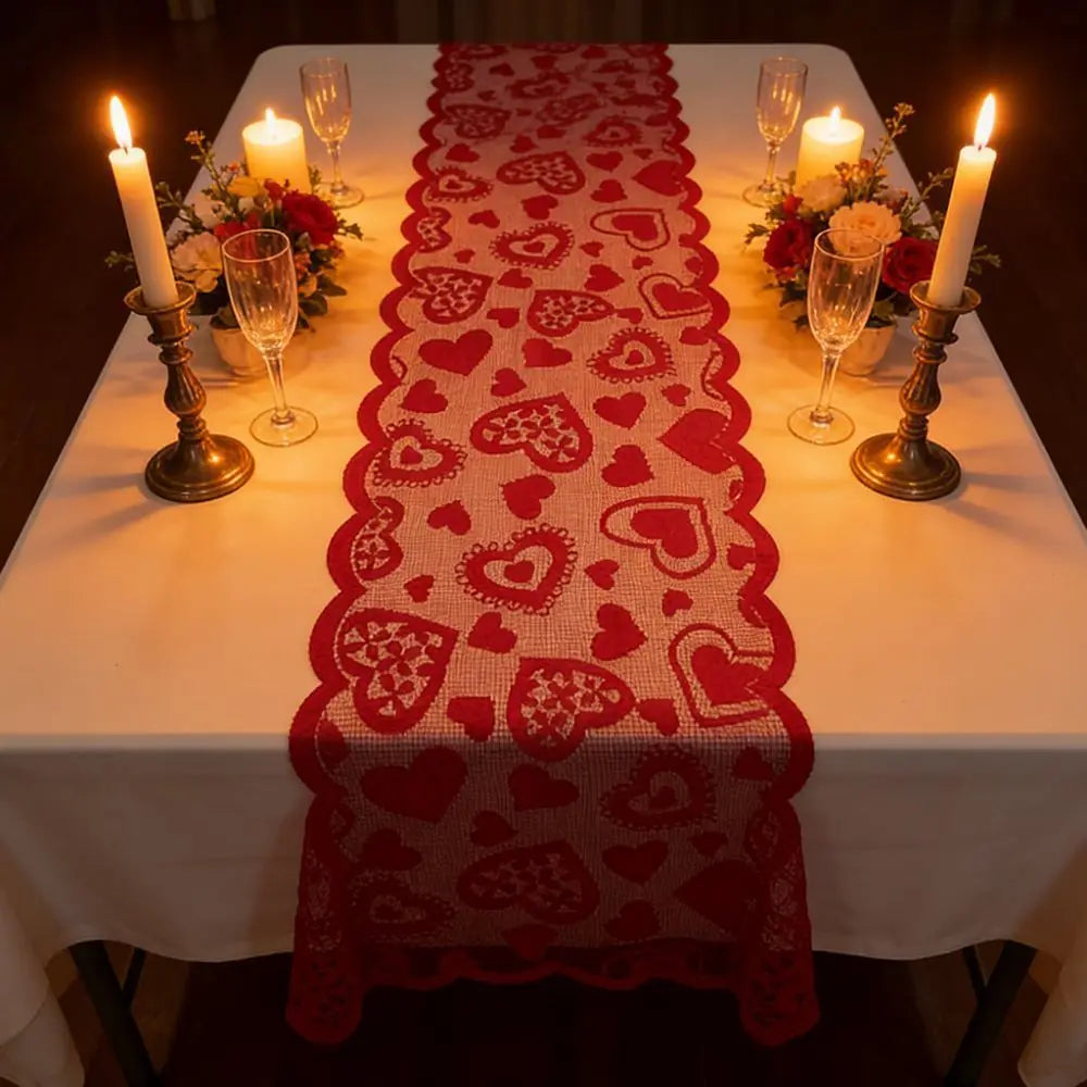 chinois plat rouge dentelle coeurs table rectangulaire decoratif romantique echangement table runner deux pieces