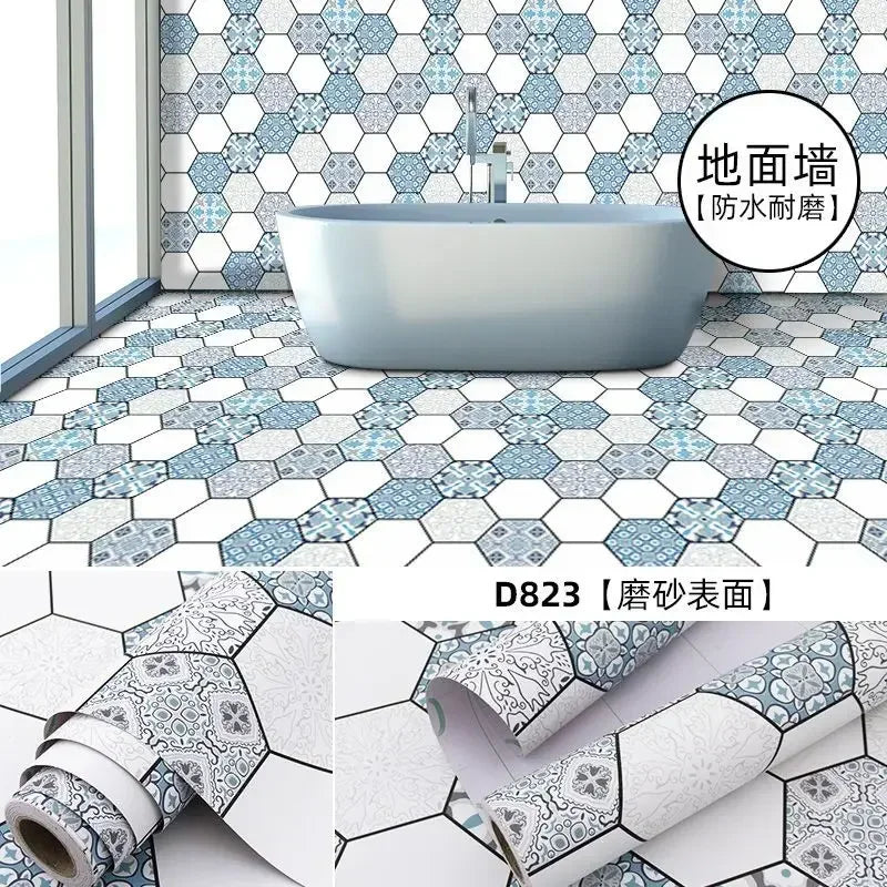 autocollant mural moderne motifs géométriques floraux rouleau blanc bleu gris