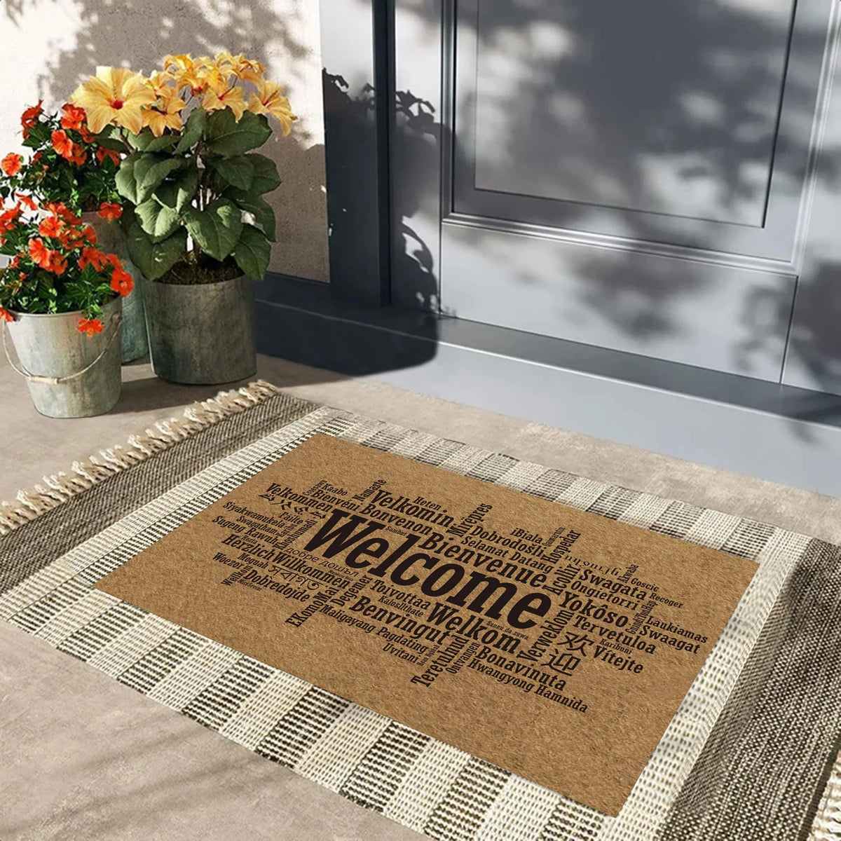 tapis d'entrée welcome moderne marron clair beige antidérapant résistant bactéries extérieur imperméable rustique