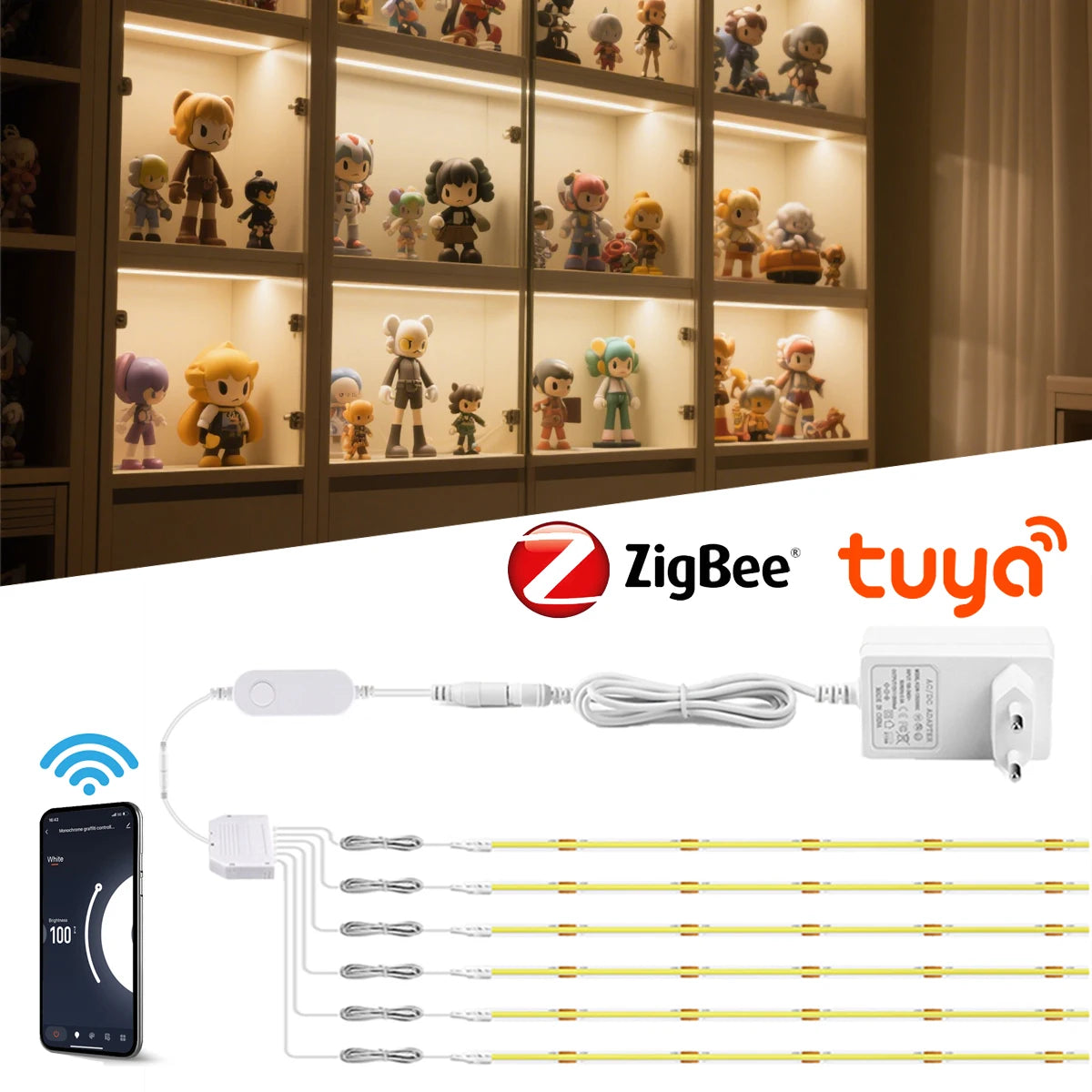 ruban lumineux led cob intelligent blanc adhésif cuisine armoire garde robe commande vocale