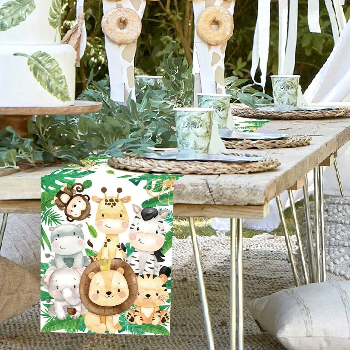 chinois table animaux jungle feuilles tropicales enfants décoration festive éléphant girafe zèbre lion tigre