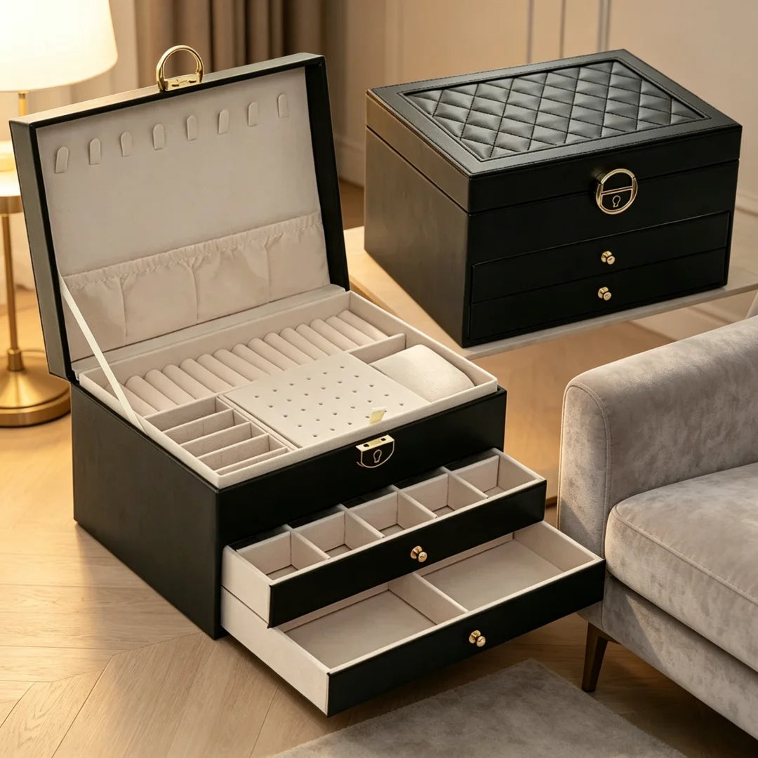 boîtes bijoux modernes élégantes compartiments cuir velours noir blanc vert rose poignées dorées
