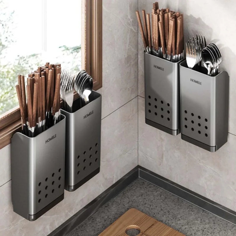 porte couteaux mural gris perforé moderne adhésif cuisine réutilisable respectueux environnement stockage minimaliste