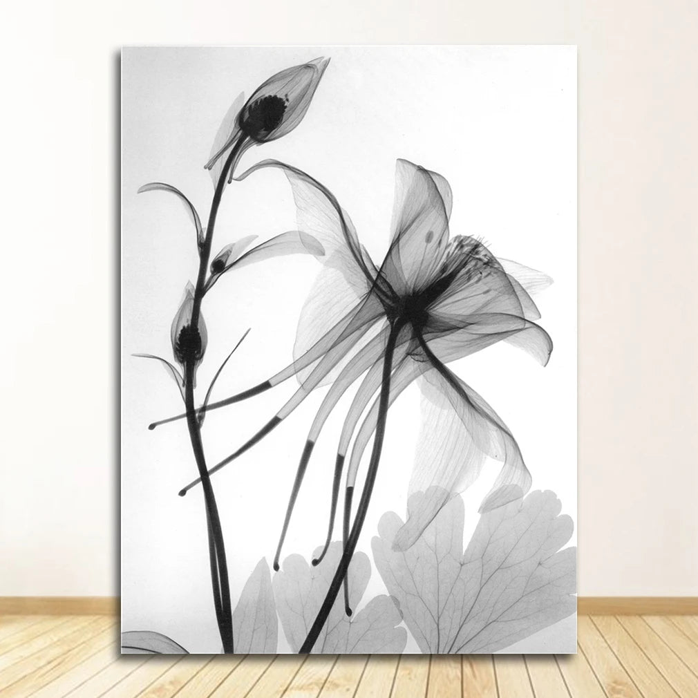 tableau toile art minimaliste fleurs abstraites noir blanc gris décoration murale maison contemporaine