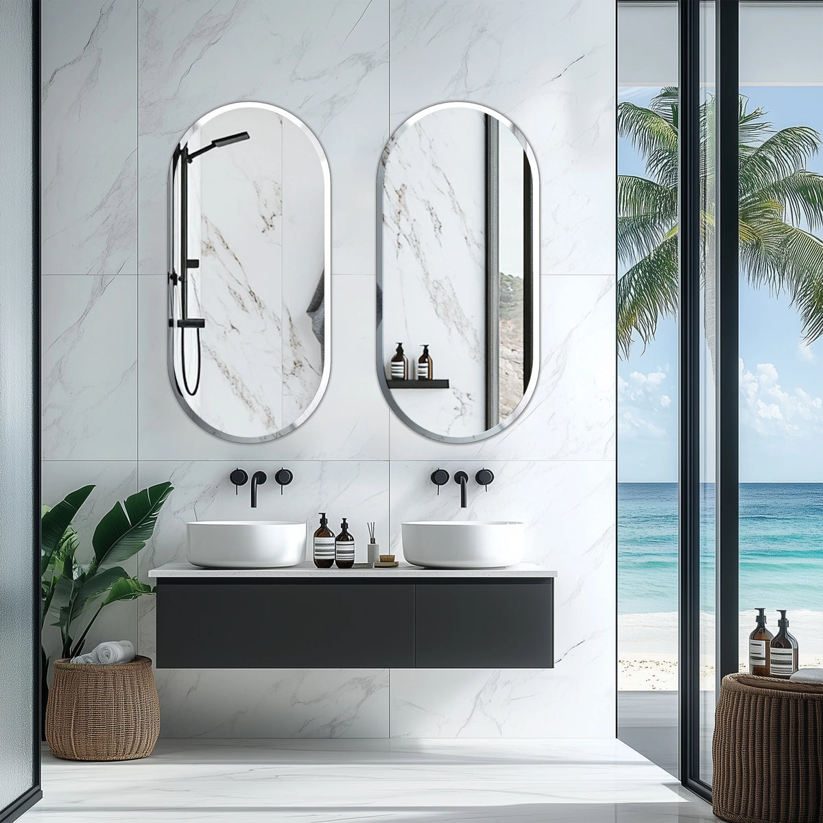 miroirs sans cadre portable moderne vasque marbre blanc meuble bois foncé salle bain adhésif