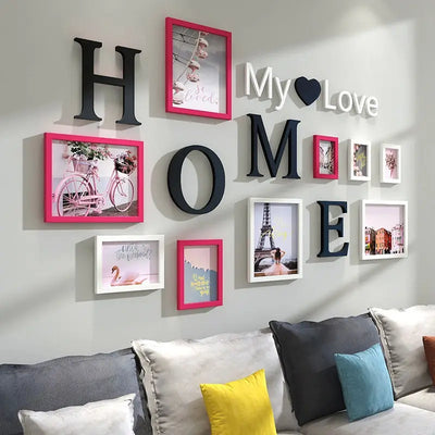 Ensemble de 9 cadres photo muraux en bois MDF couleur gris clair
