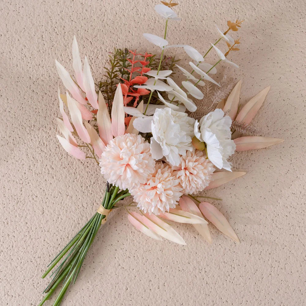 bouquet floral artificiel rose pêche blanc orange vert rustique bohème eucalyptus branches feuilles intérieur
