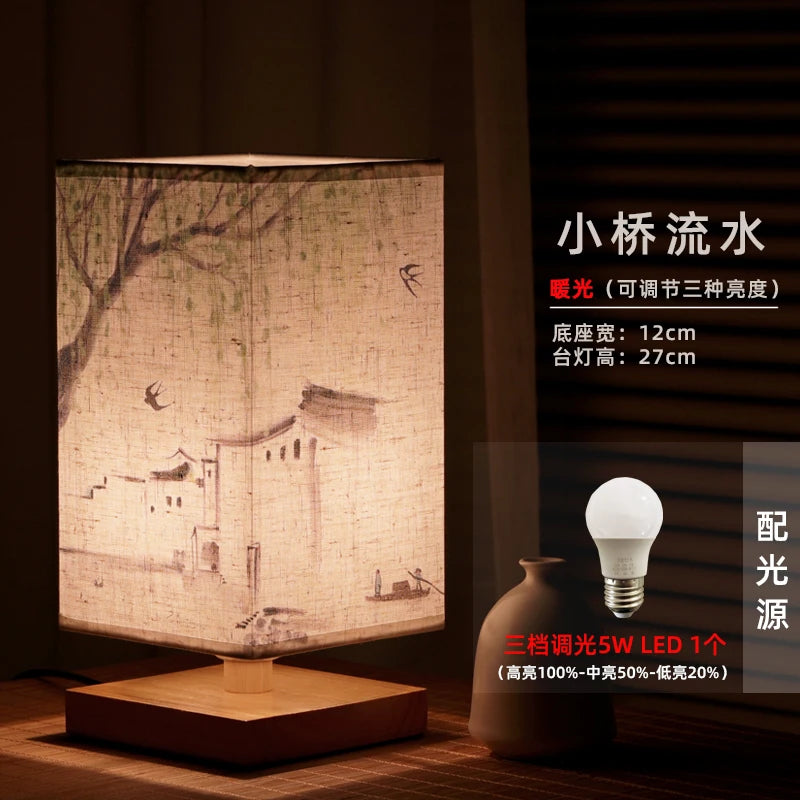 Détail de la peinture poétique sur la lampe en bois