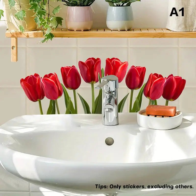 sticker mural floral adhésif décoration naturelle tulipes callas lavabo salle bain moderneversible amovible pvc