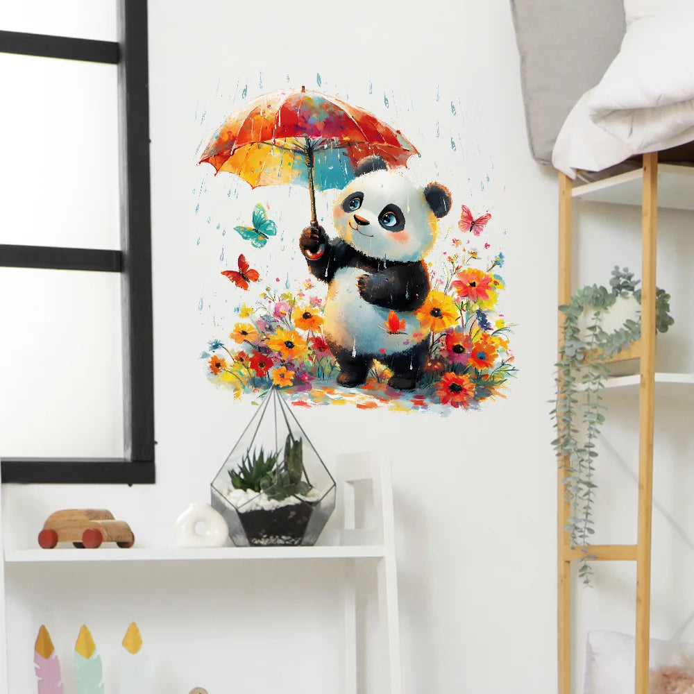 autocollant mural panda parapluie fleurs papillons enfantin cartoona opaque adhésif chambre enfants decoration murale