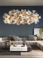 suspension lumineuse moderne dorée branches fleurs transparentes cristal haute luxure