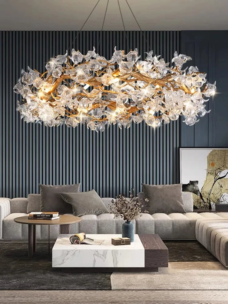suspension lumineuse moderne dorée branches fleurs transparentes cristal haute luxure