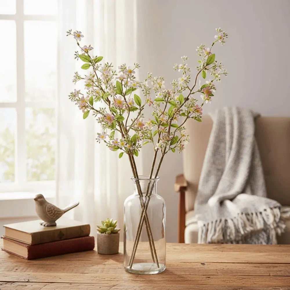 branches artificielles fleurs blanches roses naturelles décoration intérieure vase transparent rustique