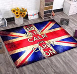Le tapis représente le drapeau du Royaume-Uni avec le slogan "Gardez votre calme et continuez", créant une décoration patriotique et encourageante dans la pièce.