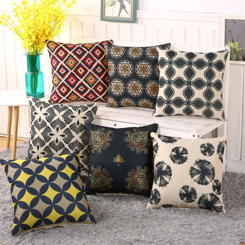 housse coussin carrée coton lin motif floral géométrique décoratif canapé fauteuil maison 45x45cm