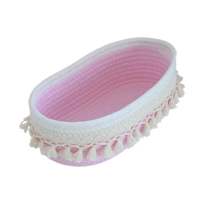 panier rangement tissu coton blanc franges boho chic savon parfum téléphone bougie