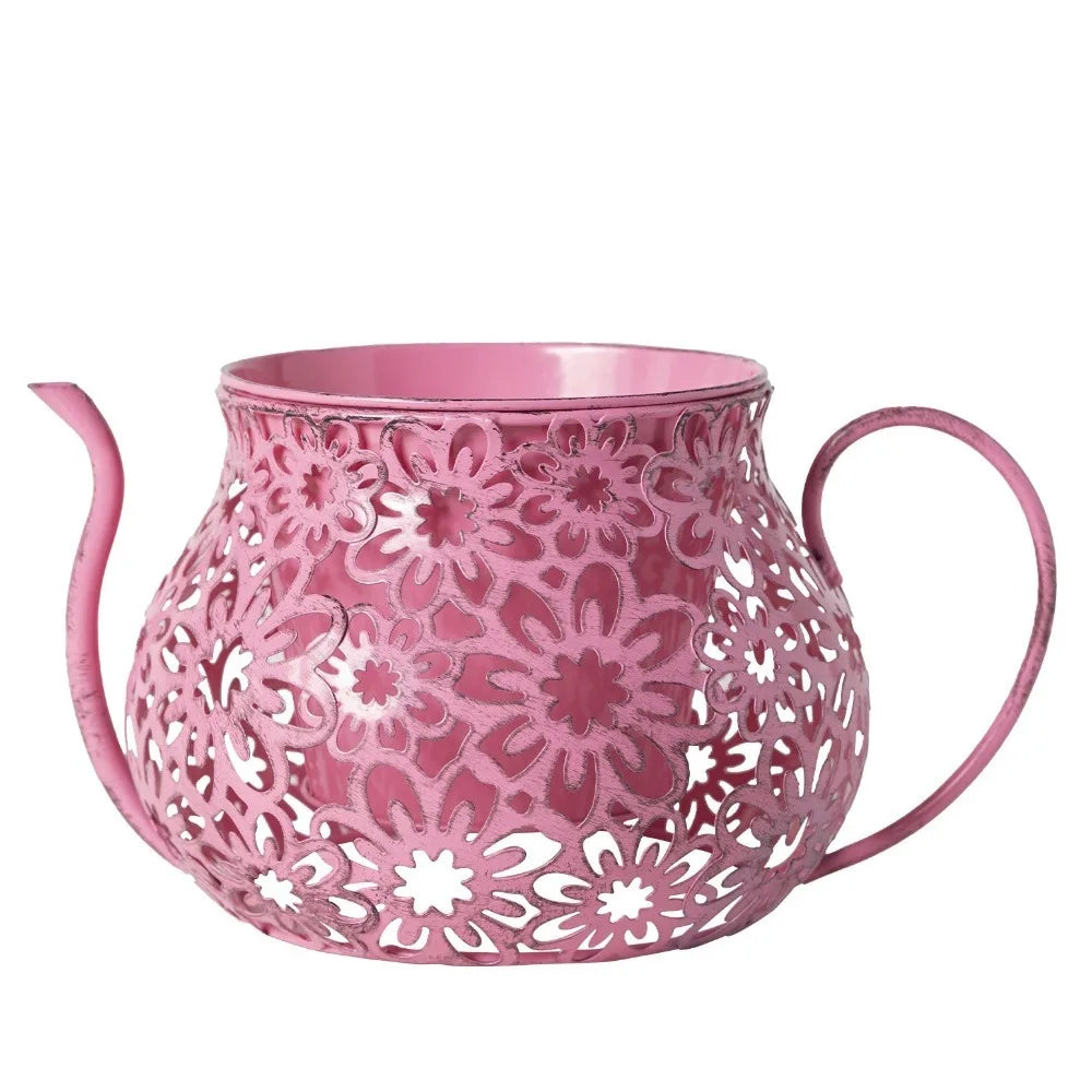 Pots fleurs vintage métal rose beige bleu clair vert marron noir fleurs découpées poignées