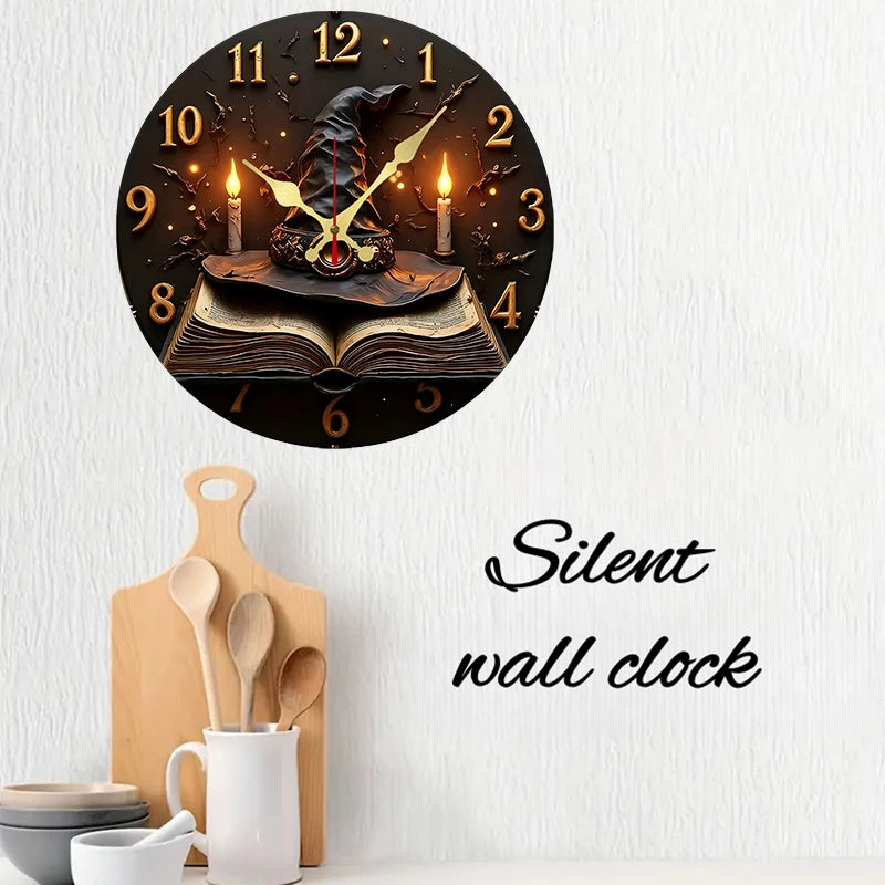 horloge murale noire sorcière livres célestes vintage 25cm salon chambre decoration