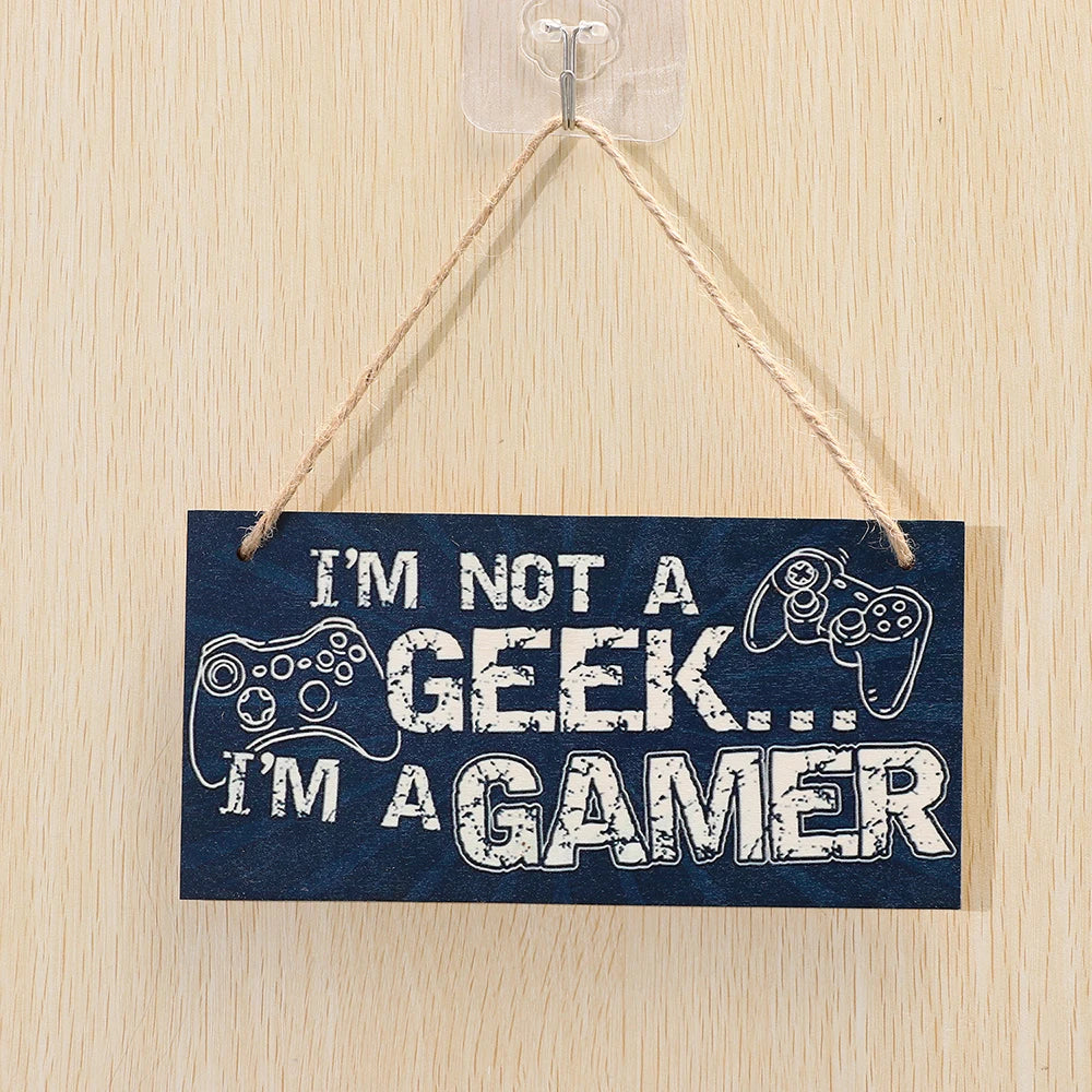 plaque décorative bois graphique texte jeu manette humoristique corde noire bleue adolescente chambre