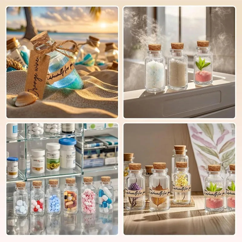 bouteilles verre transparentes bouchon liège charms huiles essentielles coquillages