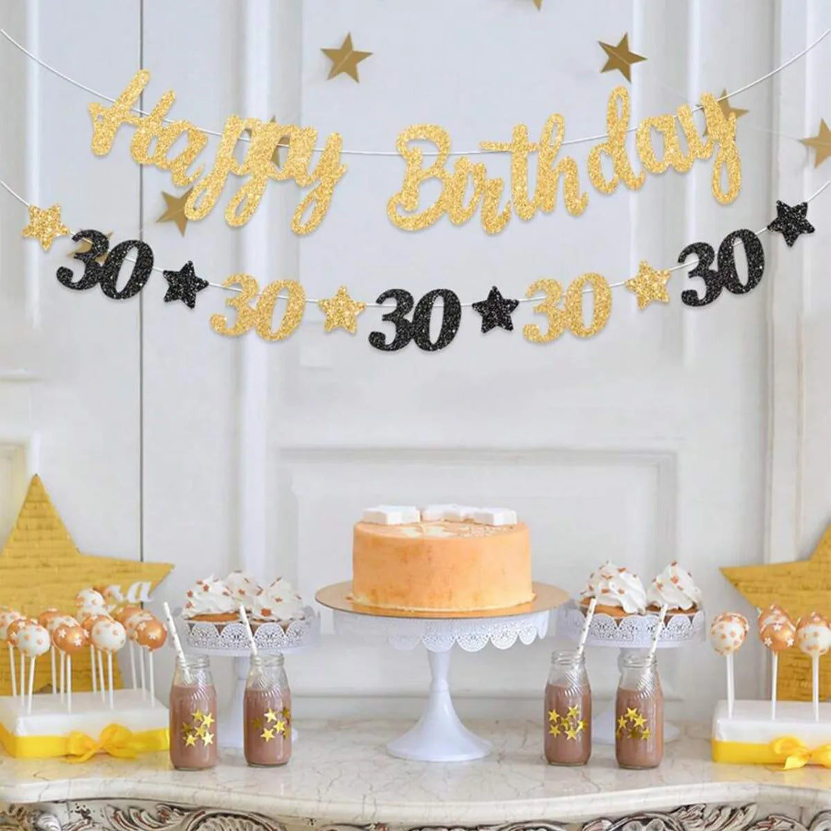 guirlande fête anniversaire or noir lettres étoiles élégante tringle fixée enfants festives