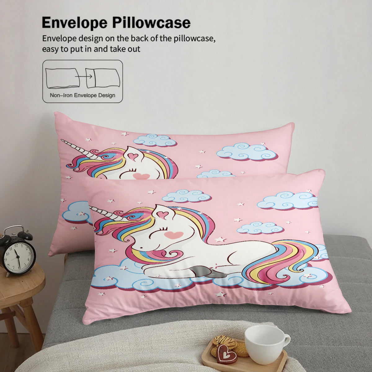 housse couette licorne nuages étoiles rose blanc enfant taies d'oreiller polyester motifs fantaisie chambre