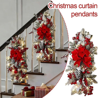 Guirlande de Noël pour escalier avec lumières et nœuds rouges