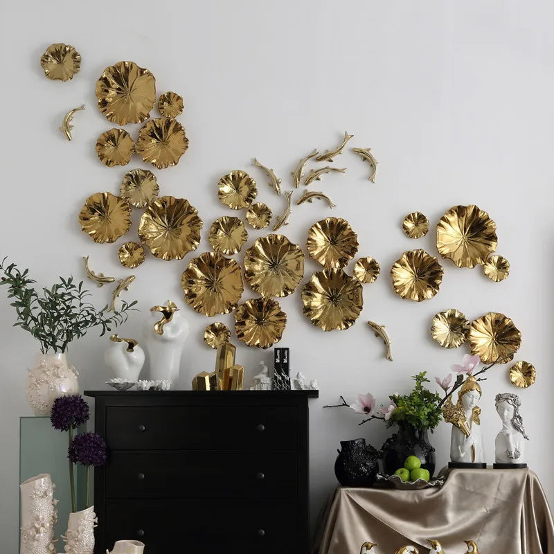 décoration murale céramique fleurs branches dorées argentées blanc contemporain objet déco intérieur