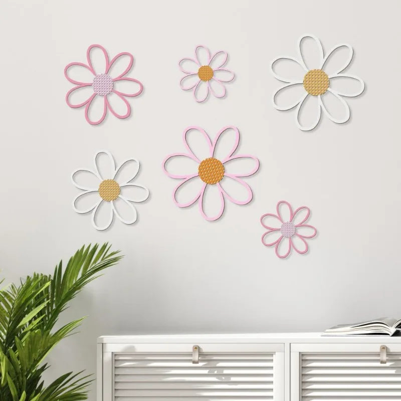 décorations murales fleurs marguerites blanc rose texture tissu moderne enfant champêtre bois