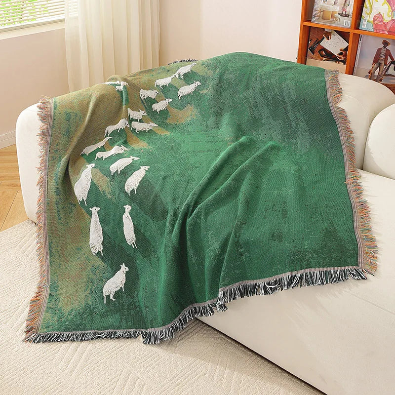 couverture polyester scénique moutons prairie vert portable anti boulochage pique nique printemps automne franges