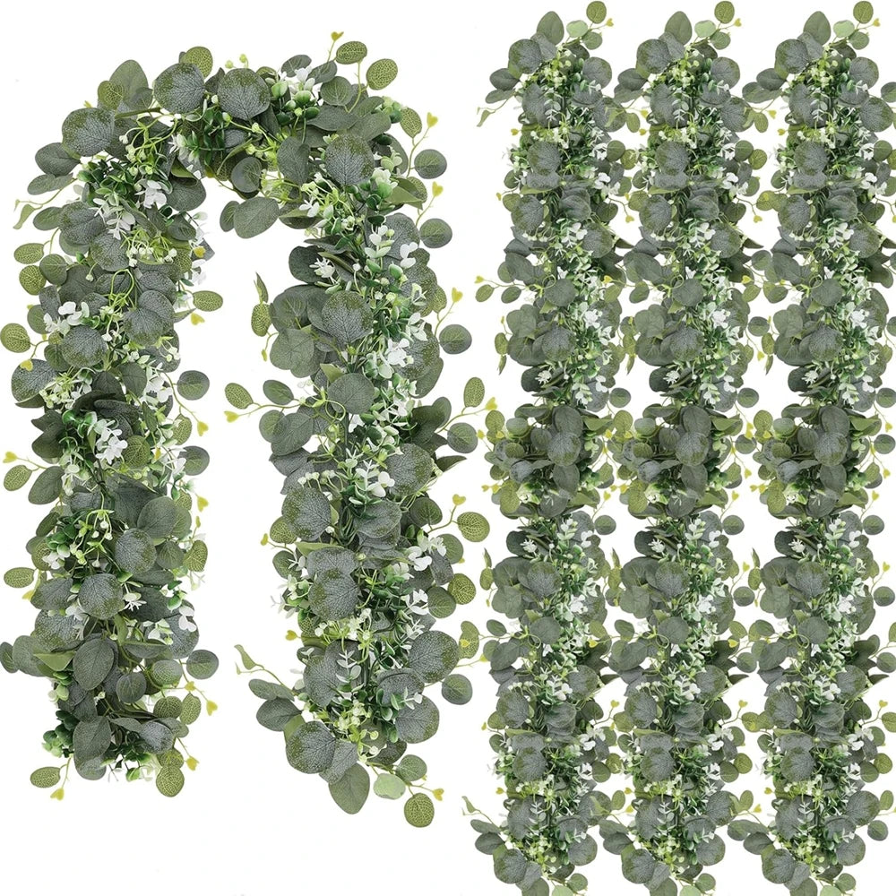 guirlande eucalyptus feuilles fleurs blanches vert marron decor boheme exterieur fixee structure métallique