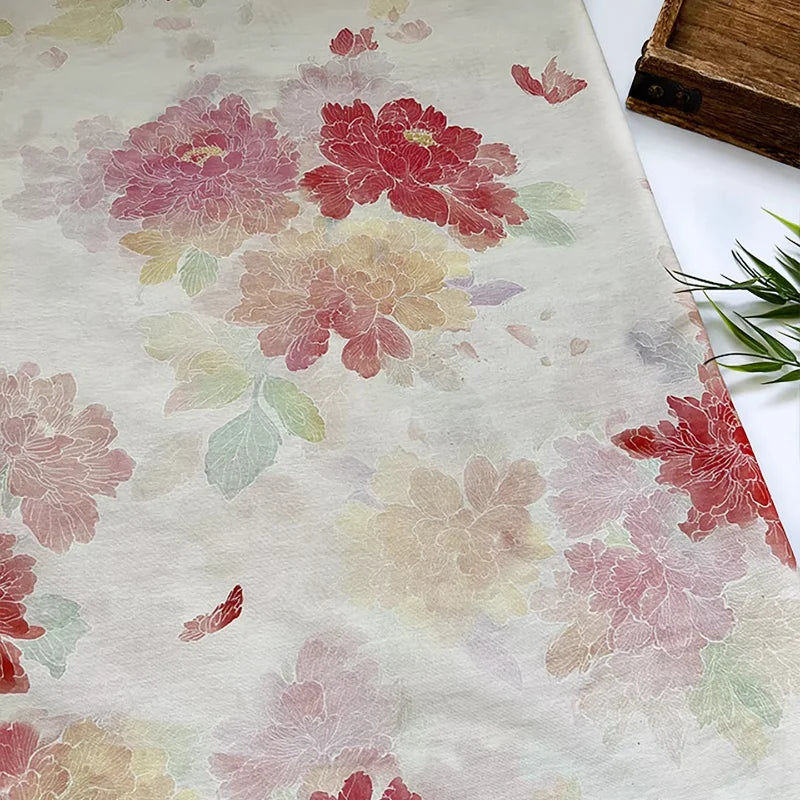 tissu brocart fleurs papillons blanc rouge rose vert jaune classique biodegradable 150cm
