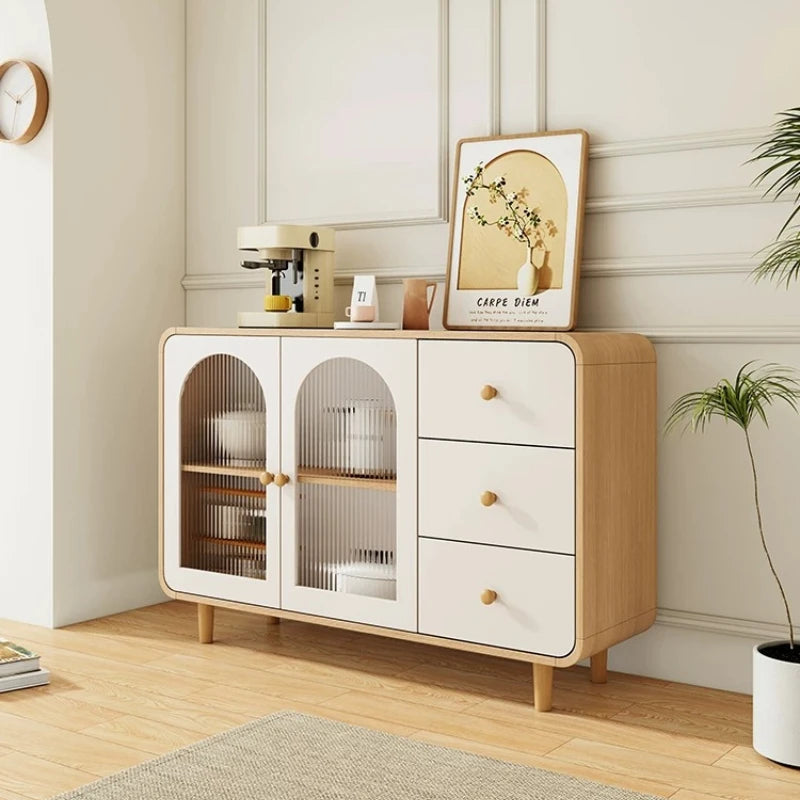 meuble cuisine bois blanc moderne scandinave portes vitre étagères rangement salon