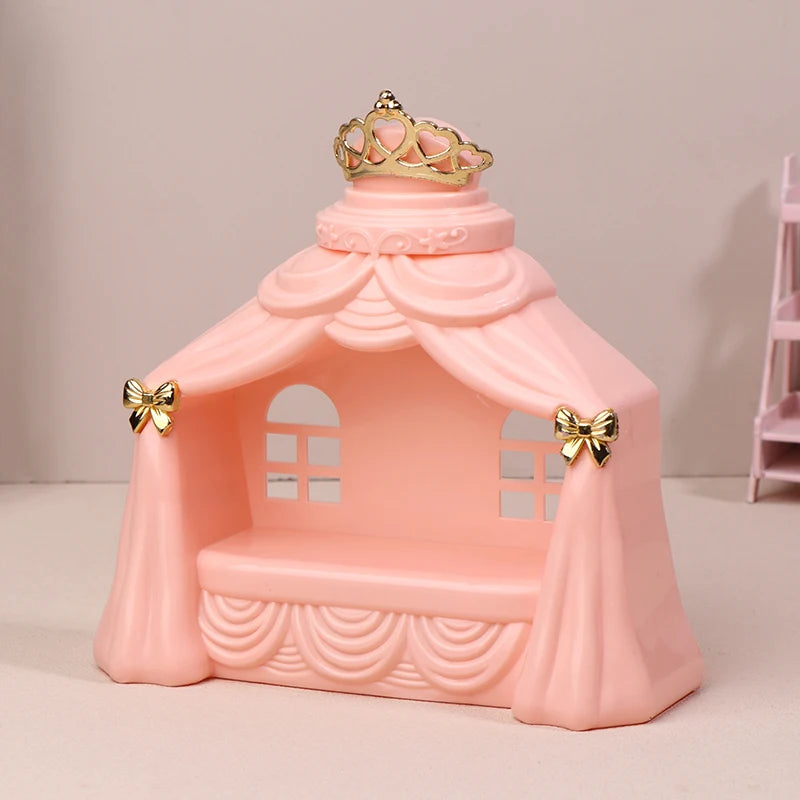 lit poupée princesse banc rose clair couronne rubans fenêtres blances résine