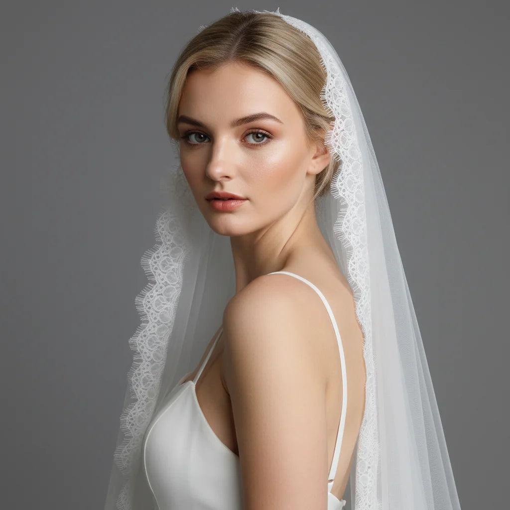 voile mariée blanc dentelle fine classique mariage translucide unique couche bride élégante
