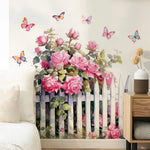 décoration murale adhésive sticker floral rose clôture papillons aquarelle chambre salon