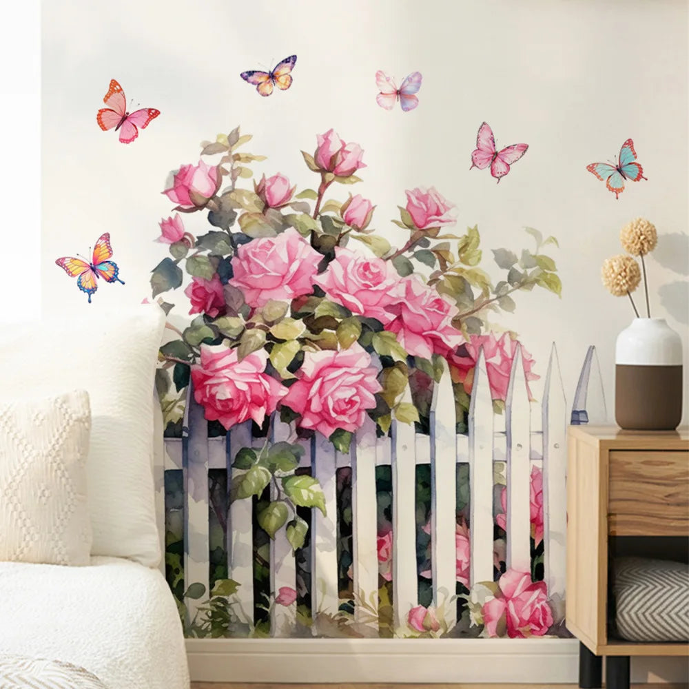 décoration murale adhésive sticker floral rose clôture papillons aquarelle chambre salon