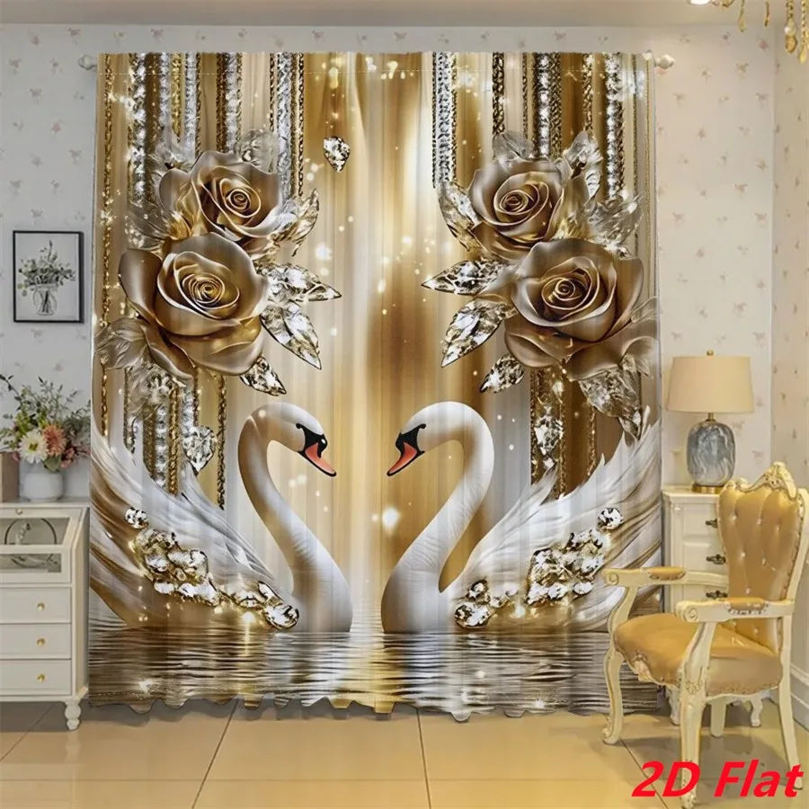 rideaux imprimés or blanc cygnes roses dorées modernes opaques salon 105x230cm