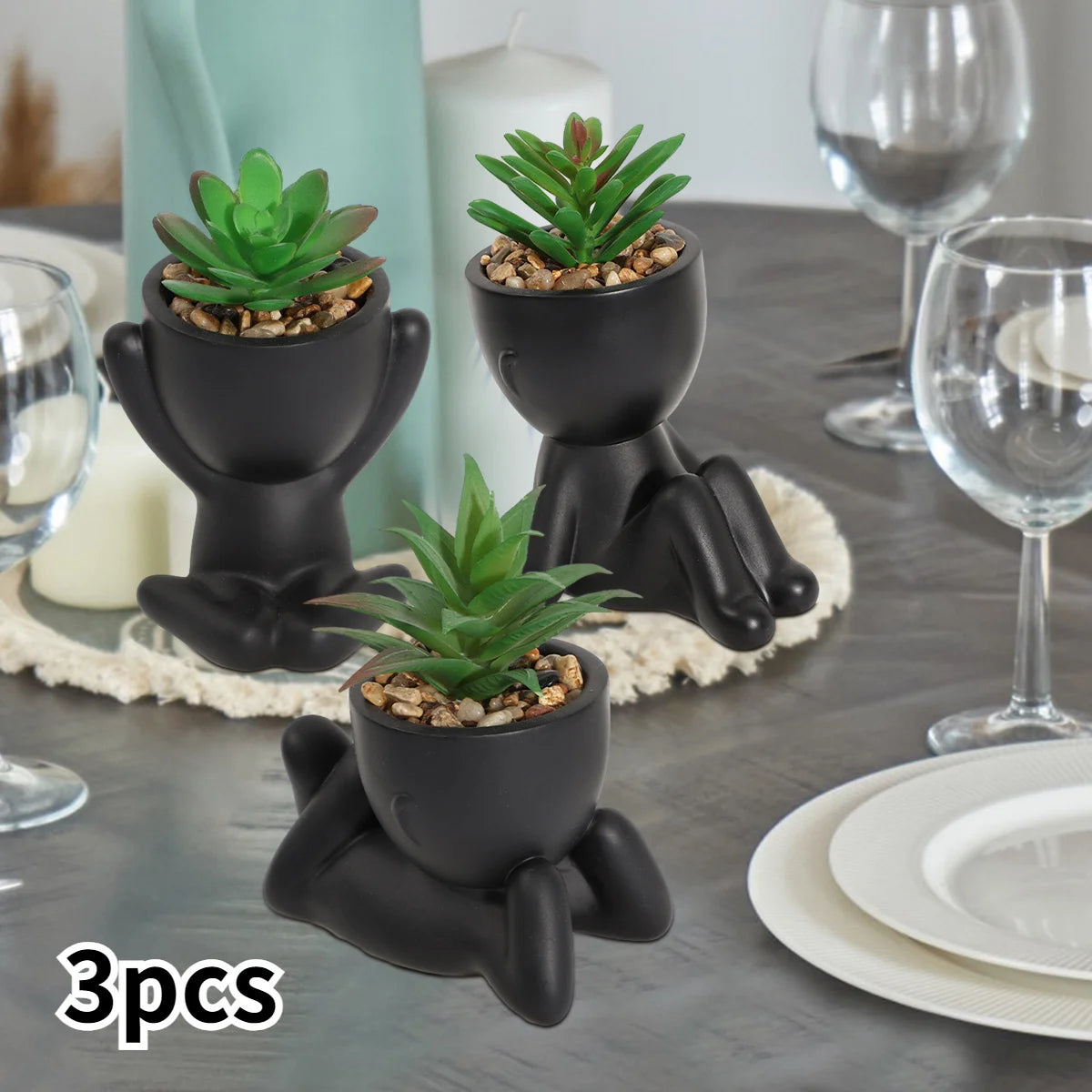 pots fleurs artificielles succulentes dessin animé moderne noir vert décoration maisonextérieur