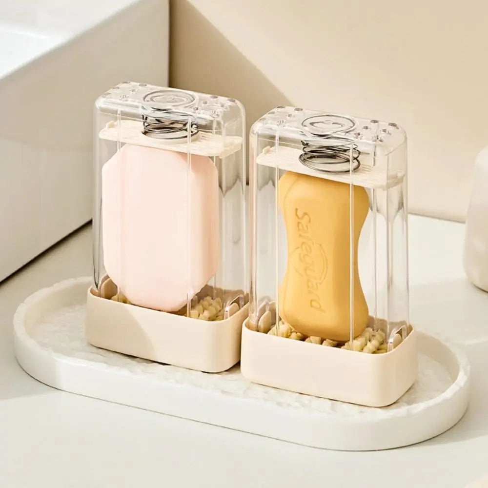 distributeur savon mousse automate moderne minimaliste beige transparent adhésif brosse support linge efficace innovant