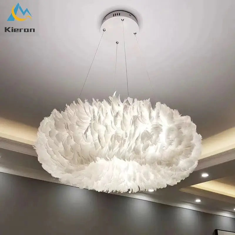 suspension lumineuse plumes blanc moderne 60cm led chaines lumière chambre