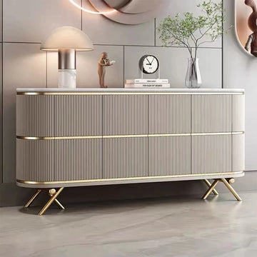 commode moderne bois beige doré pieds métalliques rayures verticales chambre salon multifonction